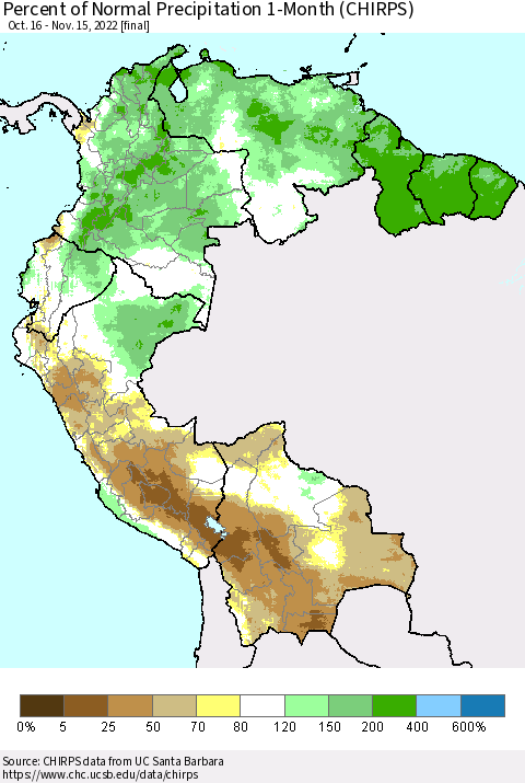 Northern South America Percent of Normal Precipitation 1-Month (CHIRPS) Thematic Map For 10/16/2022 - 11/15/2022