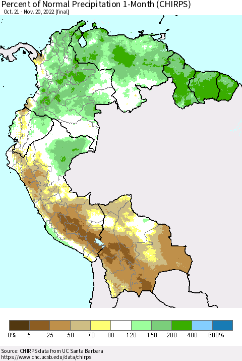 Northern South America Percent of Normal Precipitation 1-Month (CHIRPS) Thematic Map For 10/21/2022 - 11/20/2022