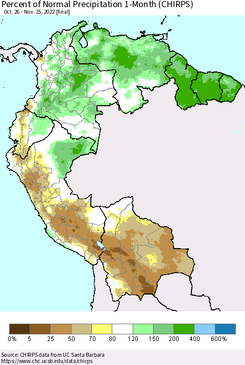 Northern South America Percent of Normal Precipitation 1-Month (CHIRPS) Thematic Map For 10/26/2022 - 11/25/2022