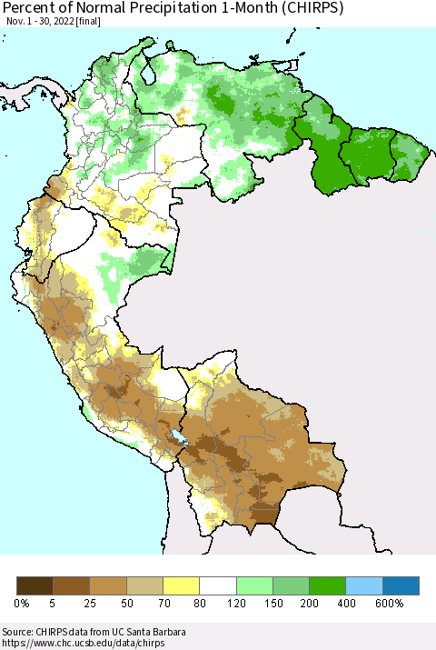 Northern South America Percent of Normal Precipitation 1-Month (CHIRPS) Thematic Map For 11/1/2022 - 11/30/2022