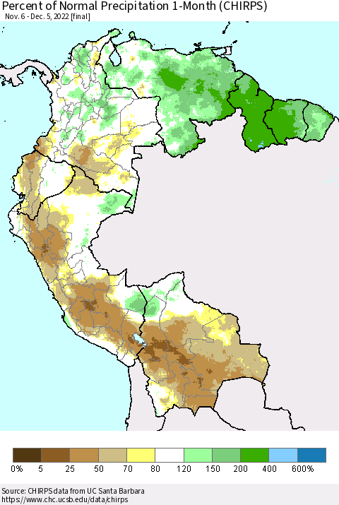 Northern South America Percent of Normal Precipitation 1-Month (CHIRPS) Thematic Map For 11/6/2022 - 12/5/2022