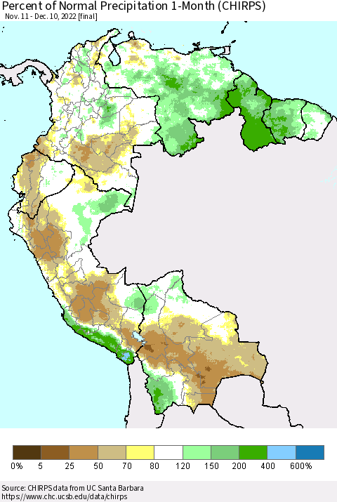 Northern South America Percent of Normal Precipitation 1-Month (CHIRPS) Thematic Map For 11/11/2022 - 12/10/2022