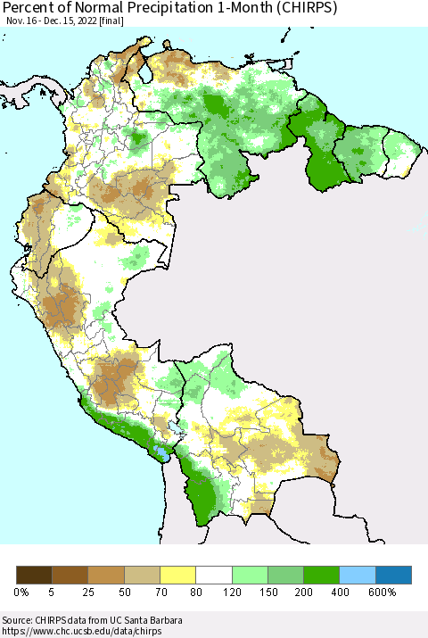 Northern South America Percent of Normal Precipitation 1-Month (CHIRPS) Thematic Map For 11/16/2022 - 12/15/2022