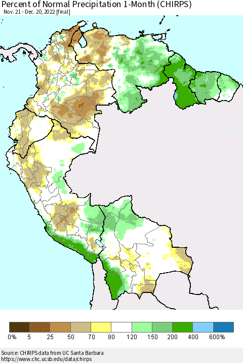 Northern South America Percent of Normal Precipitation 1-Month (CHIRPS) Thematic Map For 11/21/2022 - 12/20/2022