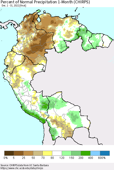 Northern South America Percent of Normal Precipitation 1-Month (CHIRPS) Thematic Map For 12/1/2022 - 12/31/2022