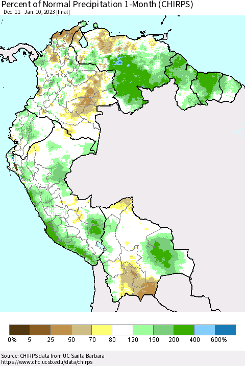 Northern South America Percent of Normal Precipitation 1-Month (CHIRPS) Thematic Map For 12/11/2022 - 1/10/2023