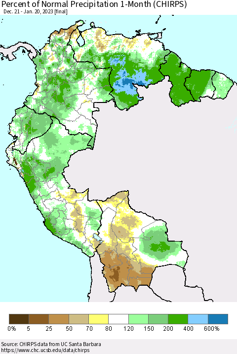 Northern South America Percent of Normal Precipitation 1-Month (CHIRPS) Thematic Map For 12/21/2022 - 1/20/2023
