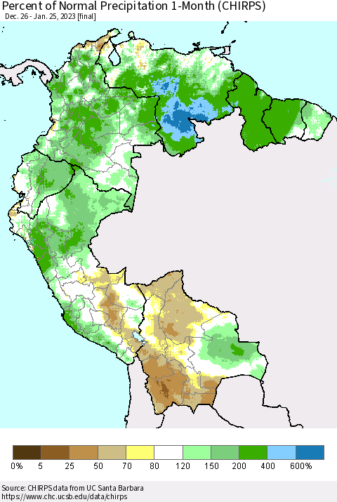 Northern South America Percent of Normal Precipitation 1-Month (CHIRPS) Thematic Map For 12/26/2022 - 1/25/2023