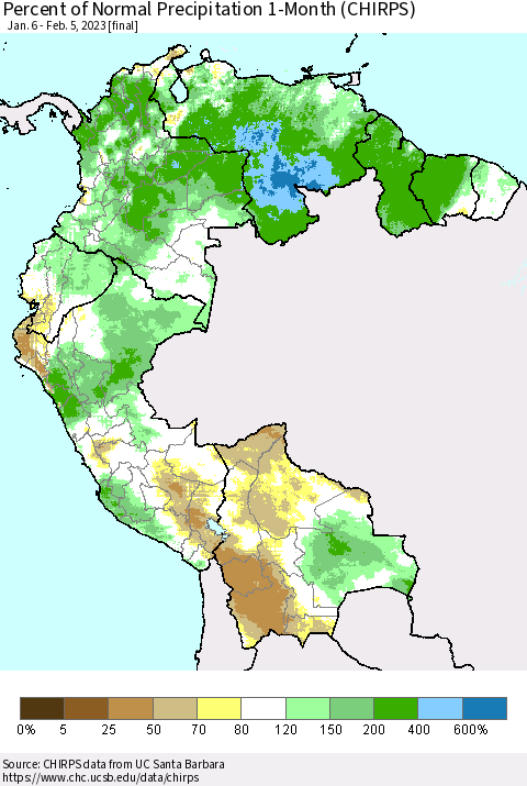 Northern South America Percent of Normal Precipitation 1-Month (CHIRPS) Thematic Map For 1/6/2023 - 2/5/2023