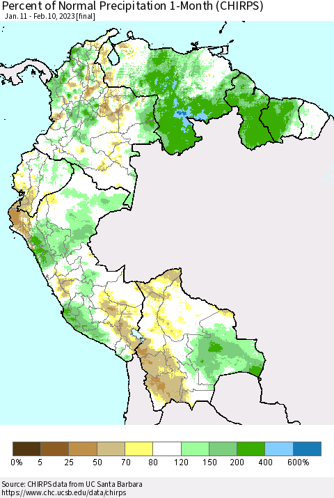 Northern South America Percent of Normal Precipitation 1-Month (CHIRPS) Thematic Map For 1/11/2023 - 2/10/2023