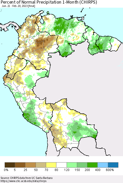 Northern South America Percent of Normal Precipitation 1-Month (CHIRPS) Thematic Map For 1/21/2023 - 2/20/2023