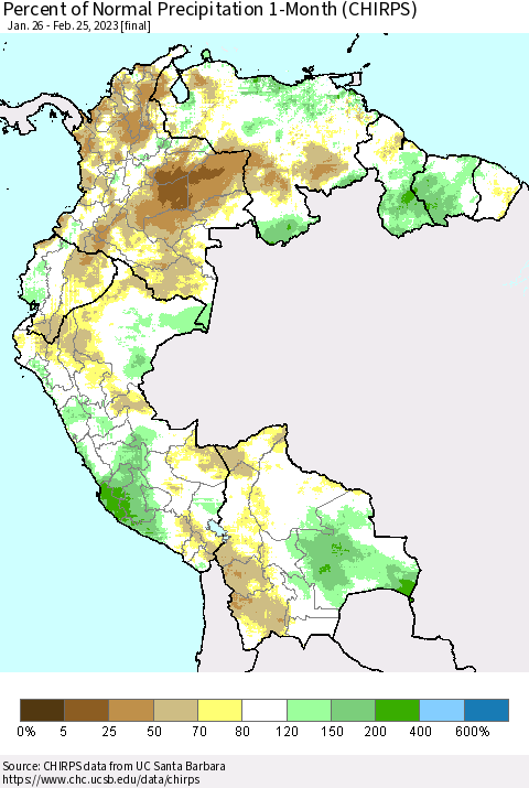 Northern South America Percent of Normal Precipitation 1-Month (CHIRPS) Thematic Map For 1/26/2023 - 2/25/2023