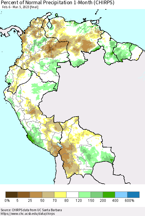 Northern South America Percent of Normal Precipitation 1-Month (CHIRPS) Thematic Map For 2/6/2023 - 3/5/2023