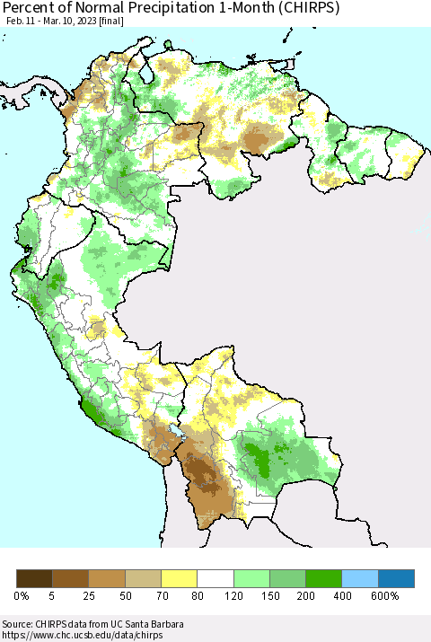 Northern South America Percent of Normal Precipitation 1-Month (CHIRPS) Thematic Map For 2/11/2023 - 3/10/2023