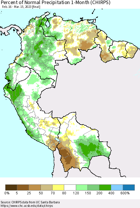 Northern South America Percent of Normal Precipitation 1-Month (CHIRPS) Thematic Map For 2/16/2023 - 3/15/2023
