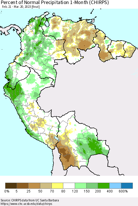 Northern South America Percent of Normal Precipitation 1-Month (CHIRPS) Thematic Map For 2/21/2023 - 3/20/2023