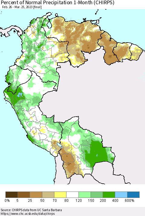Northern South America Percent of Normal Precipitation 1-Month (CHIRPS) Thematic Map For 2/26/2023 - 3/25/2023
