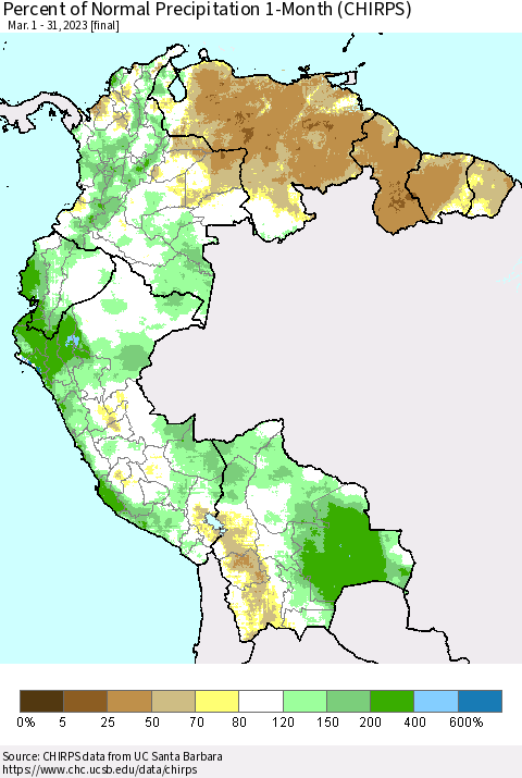 Northern South America Percent of Normal Precipitation 1-Month (CHIRPS) Thematic Map For 3/1/2023 - 3/31/2023