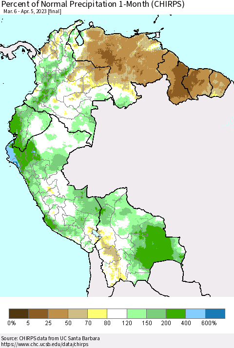 Northern South America Percent of Normal Precipitation 1-Month (CHIRPS) Thematic Map For 3/6/2023 - 4/5/2023