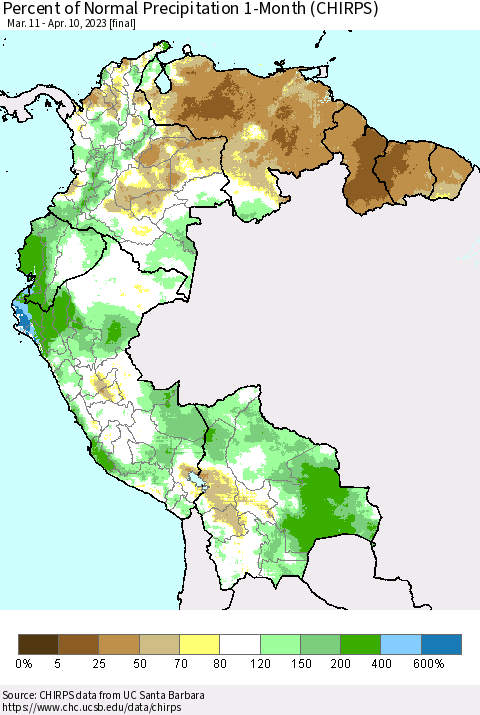 Northern South America Percent of Normal Precipitation 1-Month (CHIRPS) Thematic Map For 3/11/2023 - 4/10/2023