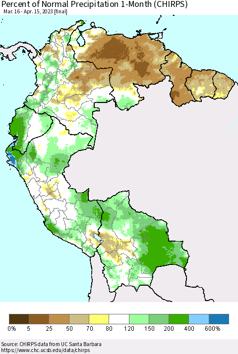 Northern South America Percent of Normal Precipitation 1-Month (CHIRPS) Thematic Map For 3/16/2023 - 4/15/2023