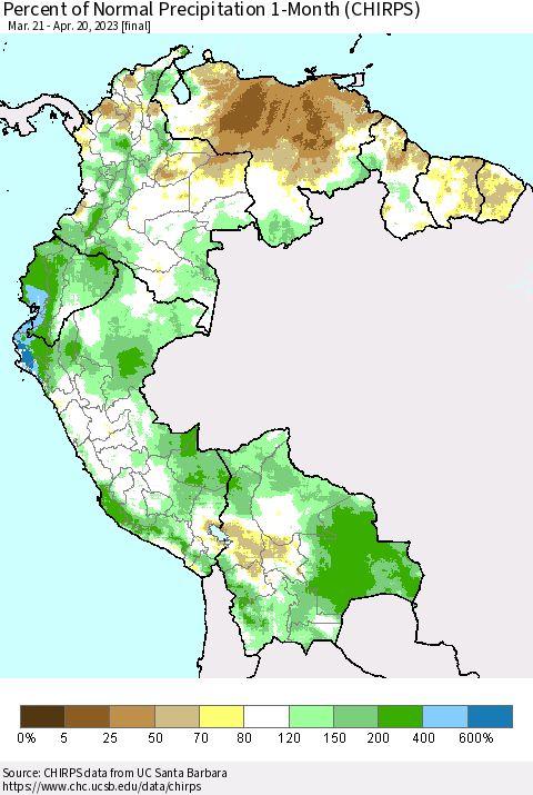 Northern South America Percent of Normal Precipitation 1-Month (CHIRPS) Thematic Map For 3/21/2023 - 4/20/2023