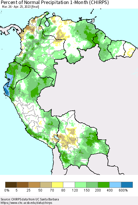 Northern South America Percent of Normal Precipitation 1-Month (CHIRPS) Thematic Map For 3/26/2023 - 4/25/2023