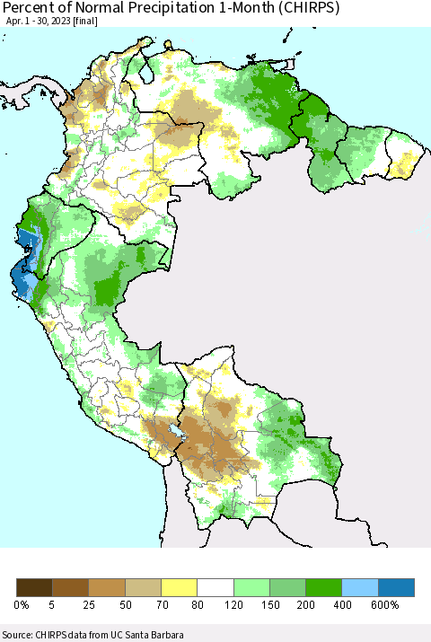 Northern South America Percent of Normal Precipitation 1-Month (CHIRPS) Thematic Map For 4/1/2023 - 4/30/2023