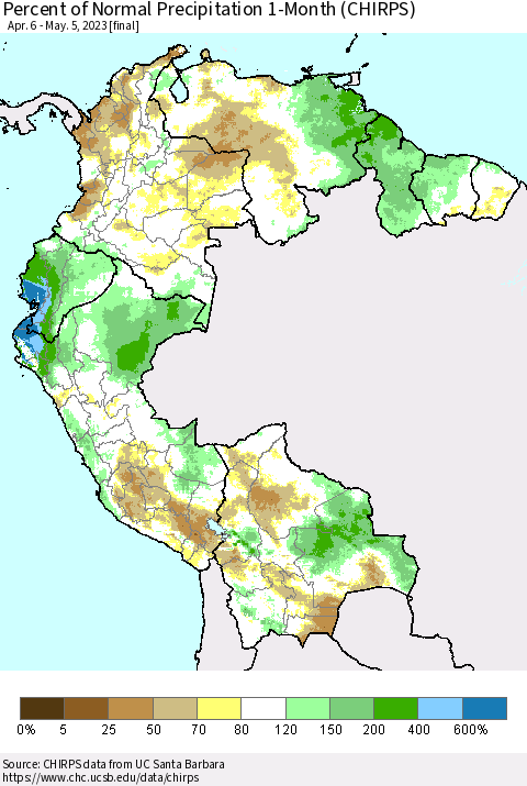Northern South America Percent of Normal Precipitation 1-Month (CHIRPS) Thematic Map For 4/6/2023 - 5/5/2023