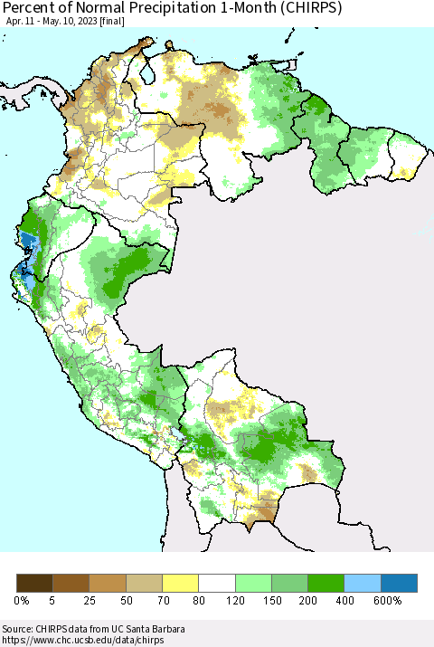 Northern South America Percent of Normal Precipitation 1-Month (CHIRPS) Thematic Map For 4/11/2023 - 5/10/2023