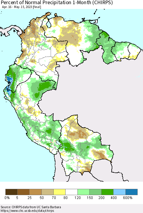 Northern South America Percent of Normal Precipitation 1-Month (CHIRPS) Thematic Map For 4/16/2023 - 5/15/2023