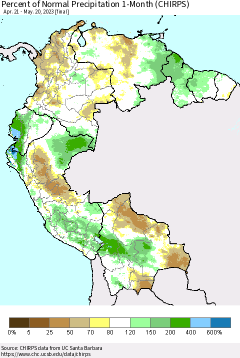 Northern South America Percent of Normal Precipitation 1-Month (CHIRPS) Thematic Map For 4/21/2023 - 5/20/2023