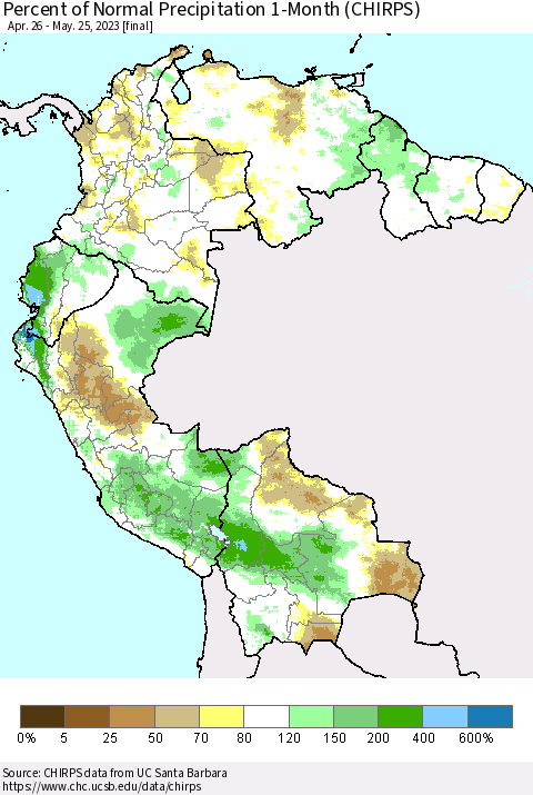 Northern South America Percent of Normal Precipitation 1-Month (CHIRPS) Thematic Map For 4/26/2023 - 5/25/2023