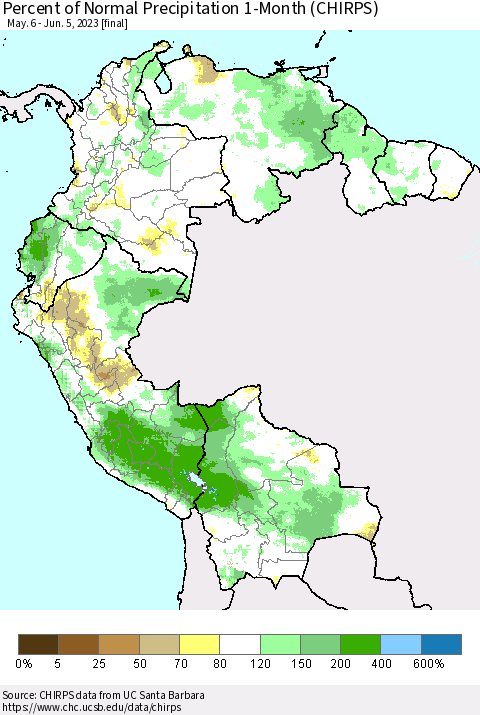 Northern South America Percent of Normal Precipitation 1-Month (CHIRPS) Thematic Map For 5/6/2023 - 6/5/2023