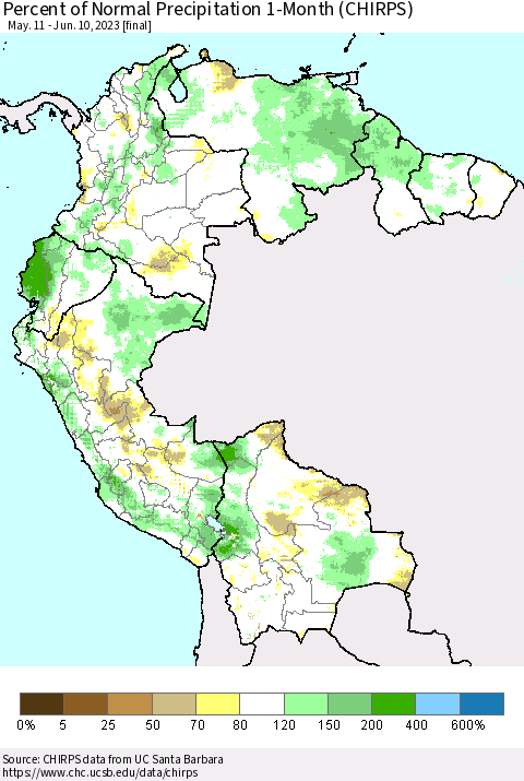 Northern South America Percent of Normal Precipitation 1-Month (CHIRPS) Thematic Map For 5/11/2023 - 6/10/2023