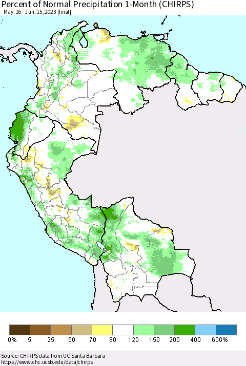 Northern South America Percent of Normal Precipitation 1-Month (CHIRPS) Thematic Map For 5/16/2023 - 6/15/2023