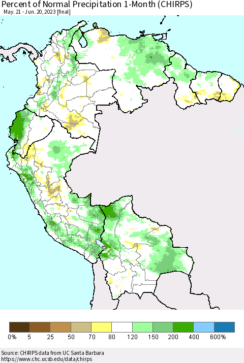 Northern South America Percent of Normal Precipitation 1-Month (CHIRPS) Thematic Map For 5/21/2023 - 6/20/2023