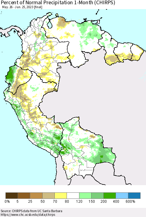 Northern South America Percent of Normal Precipitation 1-Month (CHIRPS) Thematic Map For 5/26/2023 - 6/25/2023