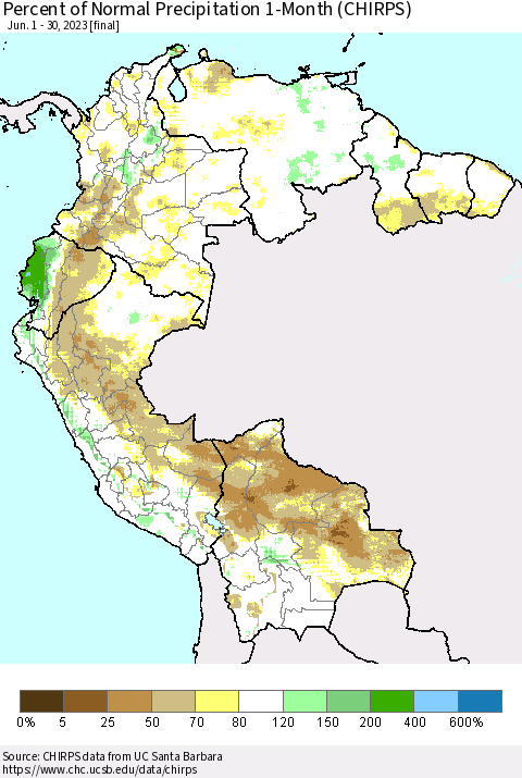 Northern South America Percent of Normal Precipitation 1-Month (CHIRPS) Thematic Map For 6/1/2023 - 6/30/2023