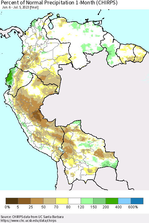 Northern South America Percent of Normal Precipitation 1-Month (CHIRPS) Thematic Map For 6/6/2023 - 7/5/2023