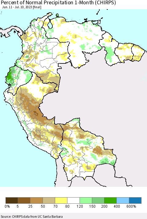 Northern South America Percent of Normal Precipitation 1-Month (CHIRPS) Thematic Map For 6/11/2023 - 7/10/2023