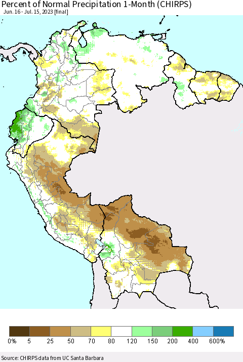 Northern South America Percent of Normal Precipitation 1-Month (CHIRPS) Thematic Map For 6/16/2023 - 7/15/2023
