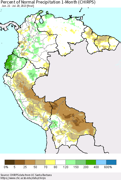 Northern South America Percent of Normal Precipitation 1-Month (CHIRPS) Thematic Map For 6/21/2023 - 7/20/2023