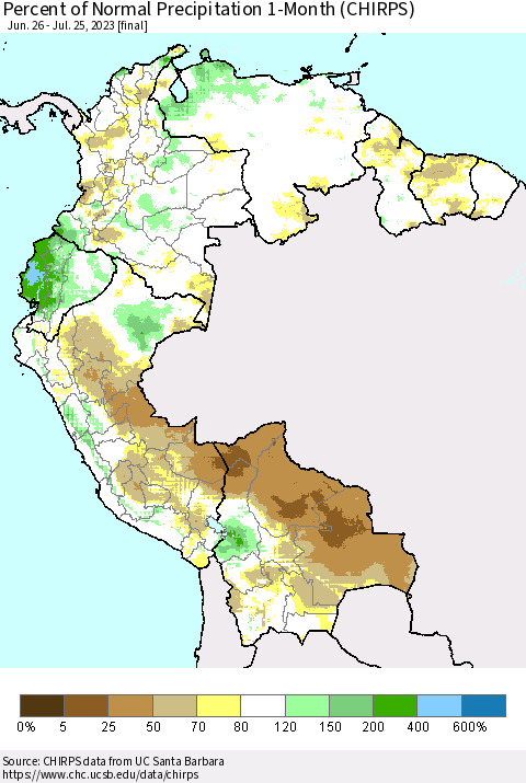 Northern South America Percent of Normal Precipitation 1-Month (CHIRPS) Thematic Map For 6/26/2023 - 7/25/2023