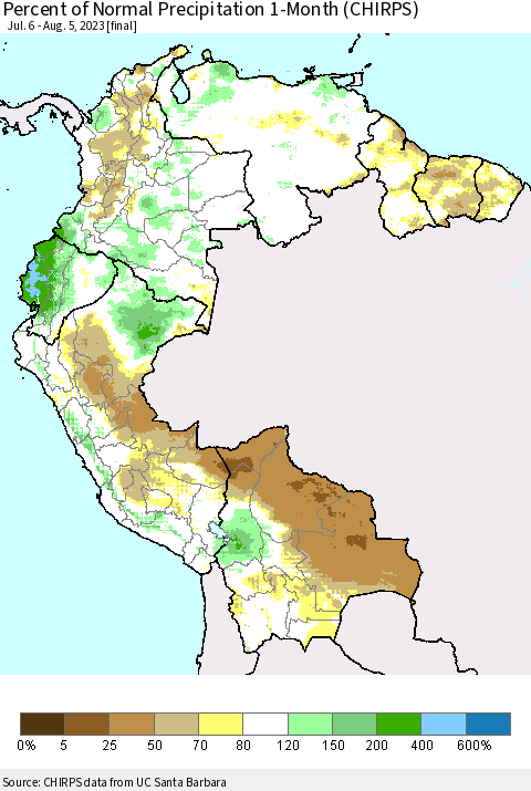 Northern South America Percent of Normal Precipitation 1-Month (CHIRPS) Thematic Map For 7/6/2023 - 8/5/2023
