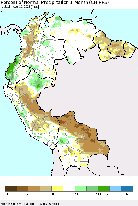 Northern South America Percent of Normal Precipitation 1-Month (CHIRPS) Thematic Map For 7/11/2023 - 8/10/2023
