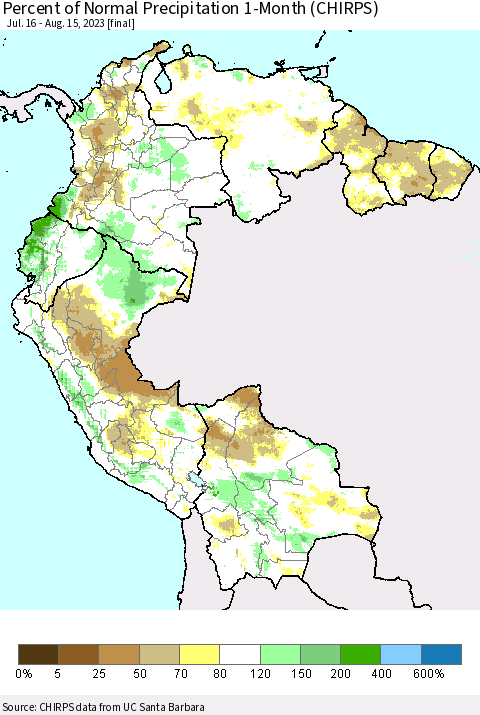 Northern South America Percent of Normal Precipitation 1-Month (CHIRPS) Thematic Map For 7/16/2023 - 8/15/2023