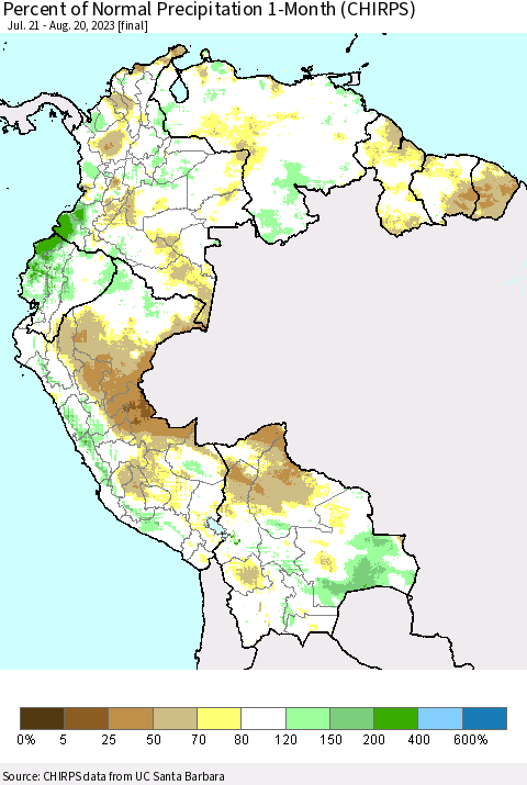 Northern South America Percent of Normal Precipitation 1-Month (CHIRPS) Thematic Map For 7/21/2023 - 8/20/2023
