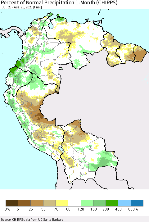 Northern South America Percent of Normal Precipitation 1-Month (CHIRPS) Thematic Map For 7/26/2023 - 8/25/2023