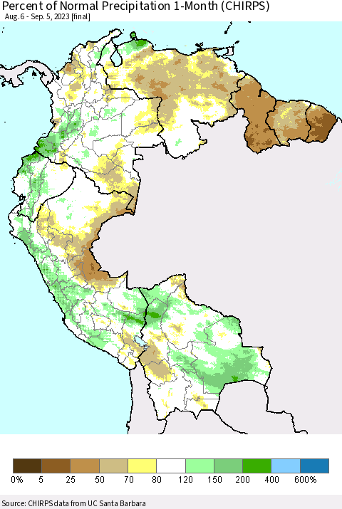 Northern South America Percent of Normal Precipitation 1-Month (CHIRPS) Thematic Map For 8/6/2023 - 9/5/2023